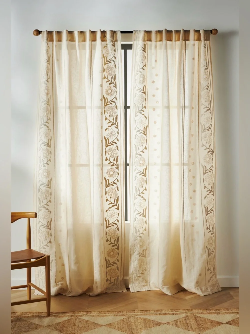 Anthropologie Manette Embroidered Cotton Linen Sheer Curtain, Neutral, 2 Panels